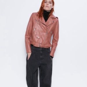 NWT Zara Marsala faux leather biker jacket size L